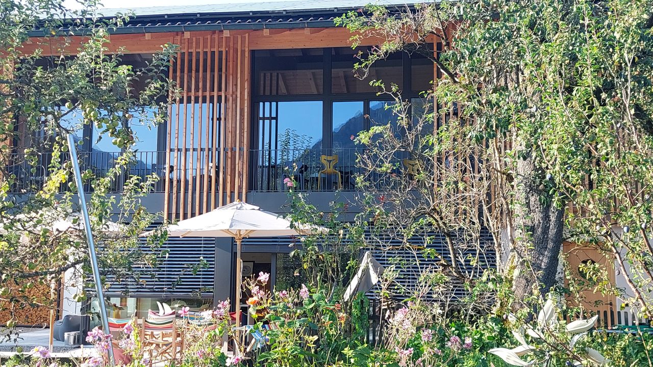 Das "Holzer 2.0"- Blick zu den Balkonen vom Garten aus Das "Holzer 2.0"- Blick zu den Balkonen vom Garten aus